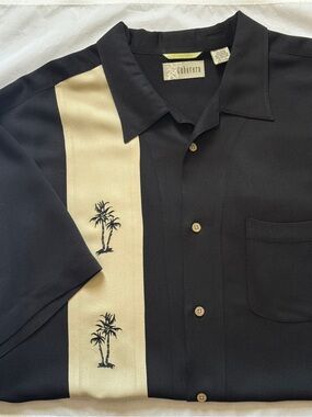 Cubavera Men's Black Short-Sleeve Camp Shirt with Cream Palm-Strip